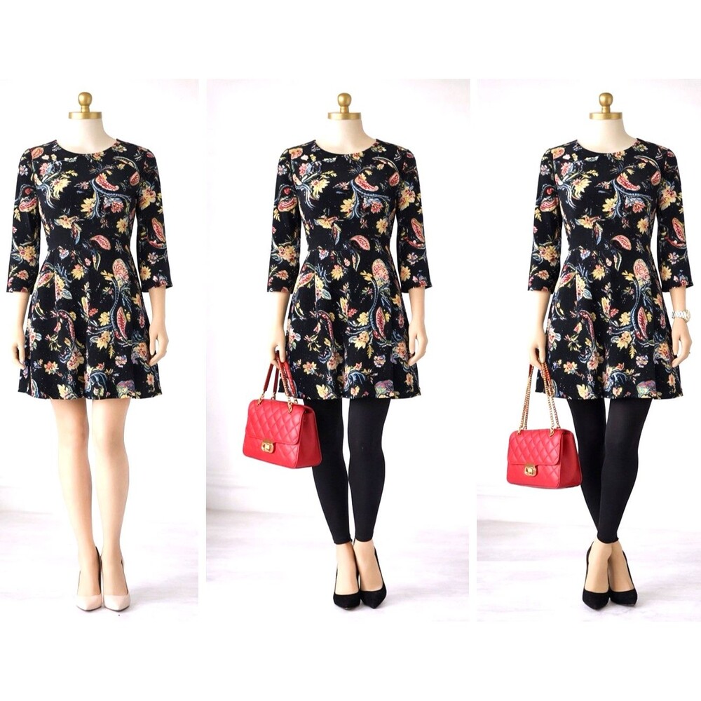 LOFT Dress Women's SZ  8 P Black Floral  Paisley Boho Chic Fit Flare Career Casu